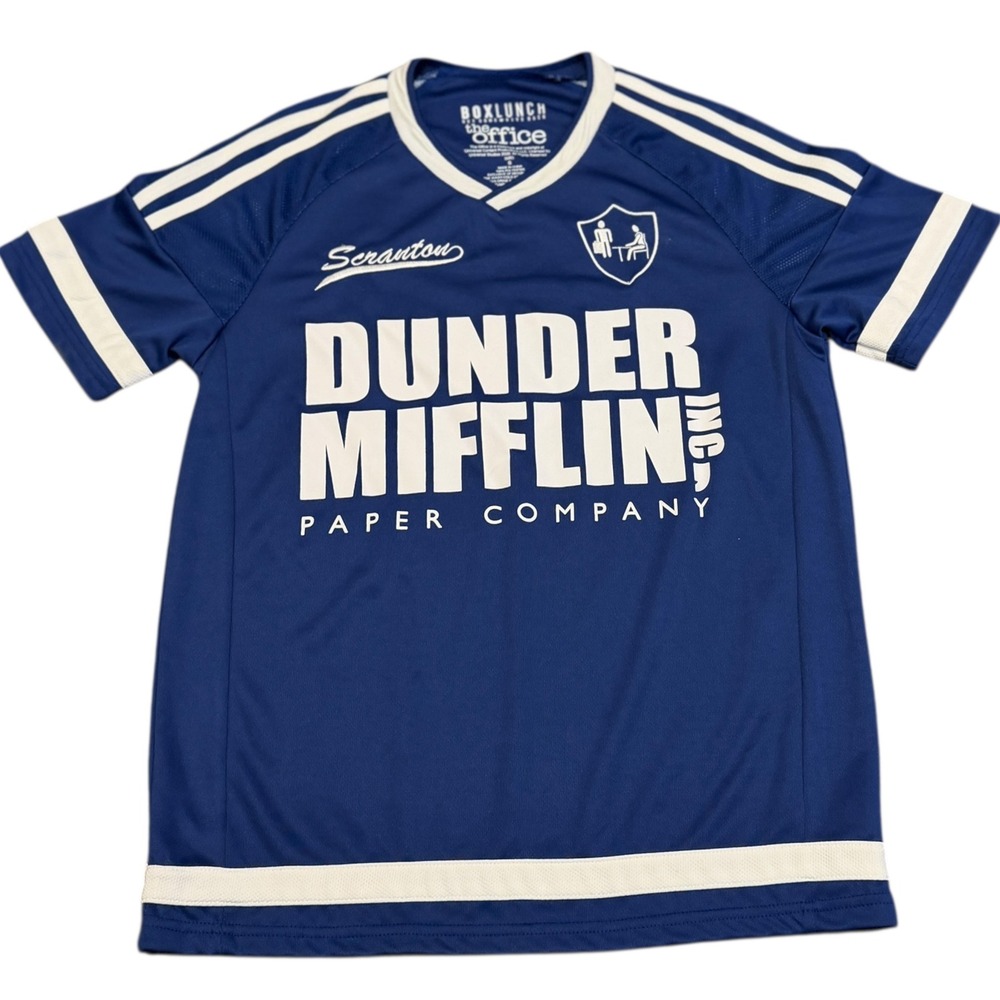 BoxLunch The Office Soccer Jersey Mens Small Blue NWOT Dunder Mifflin Scott